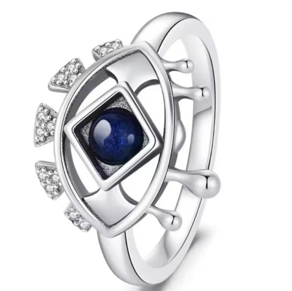 925 Sterling Silver Eye Design Ring with Blue Stone Sz 7